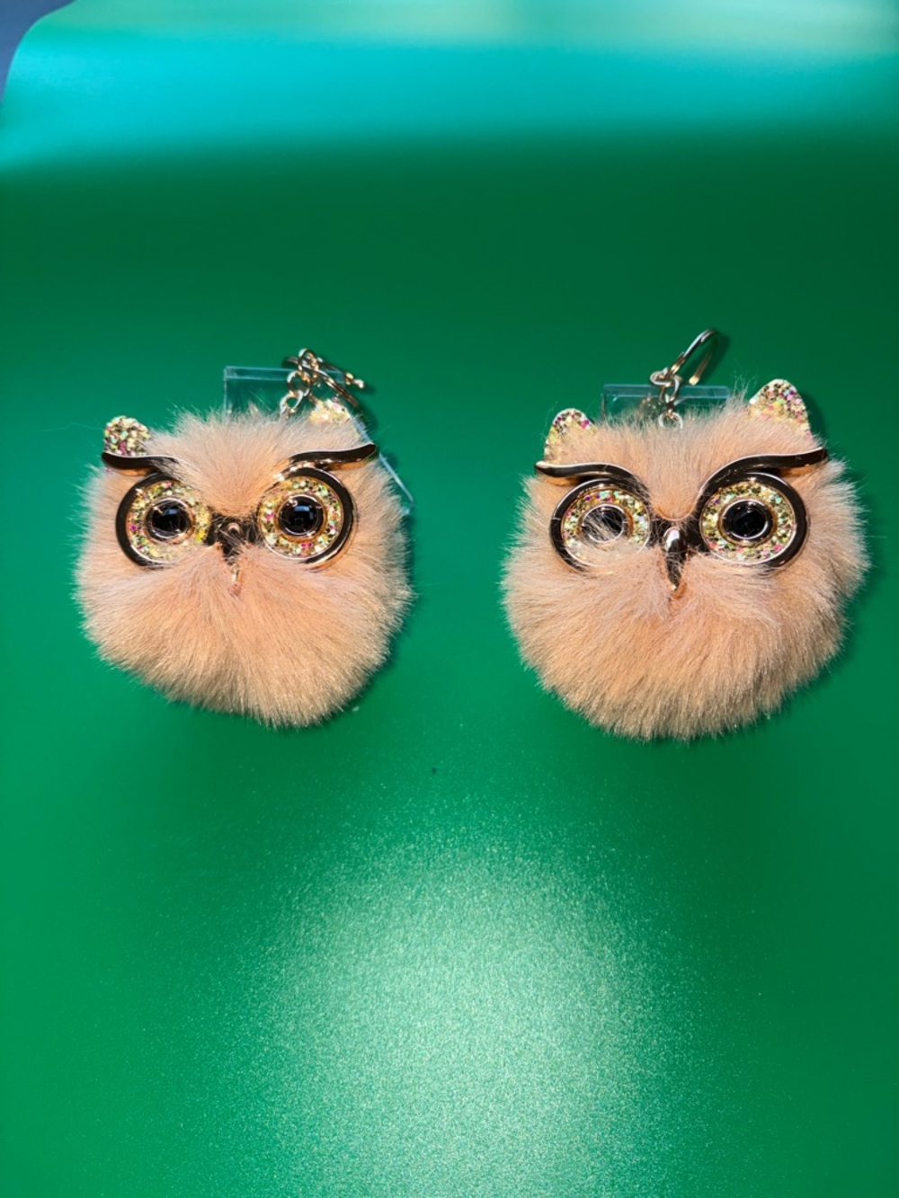 Fluffy Owl Pom Keychain Pair - light brown